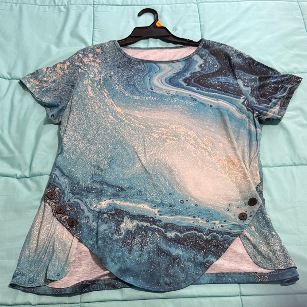 Blue Marble Print Short Sleeve Women's Top